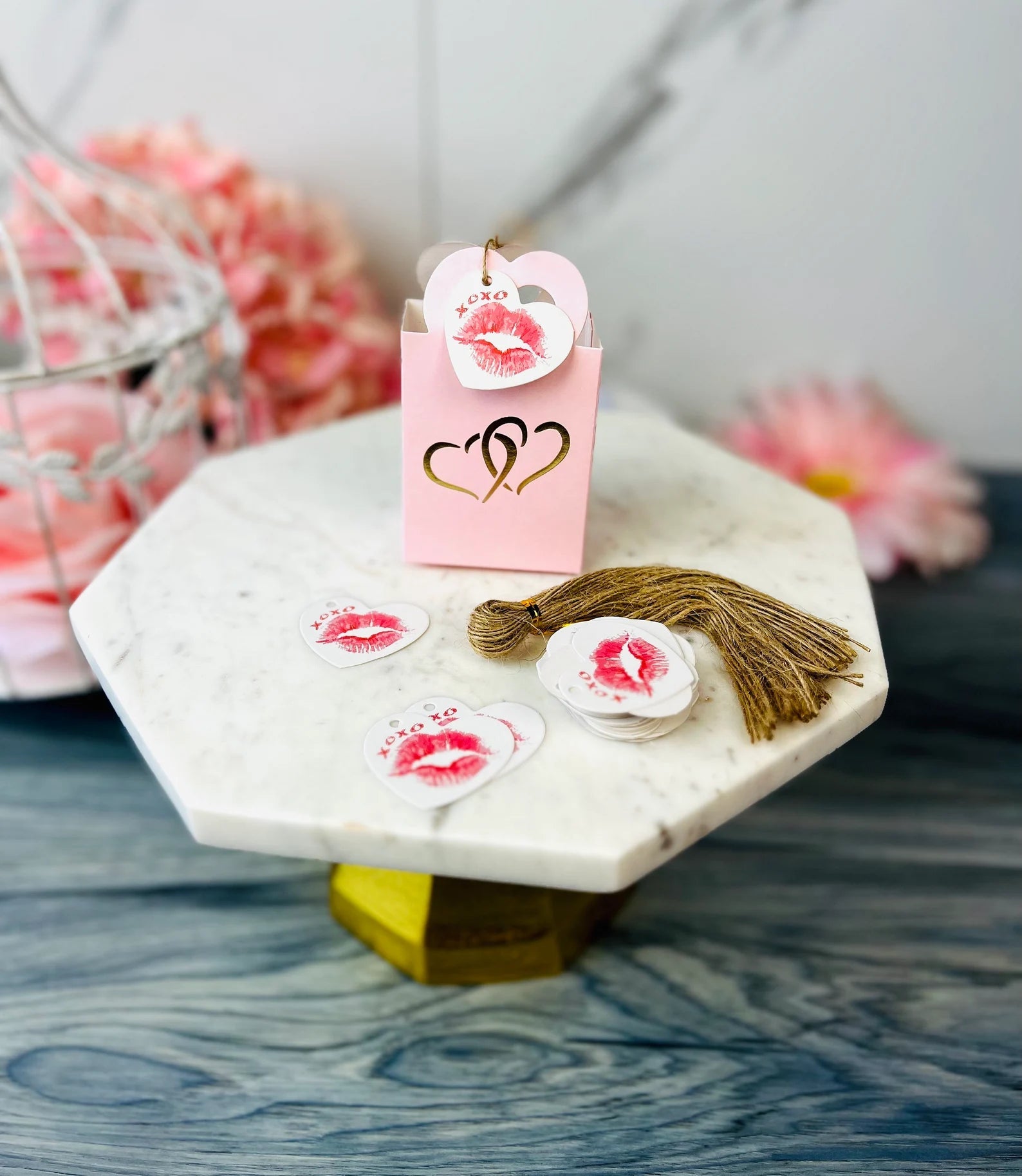 50 PCs Pink Double Hearts Favor Boxes With Tags - 