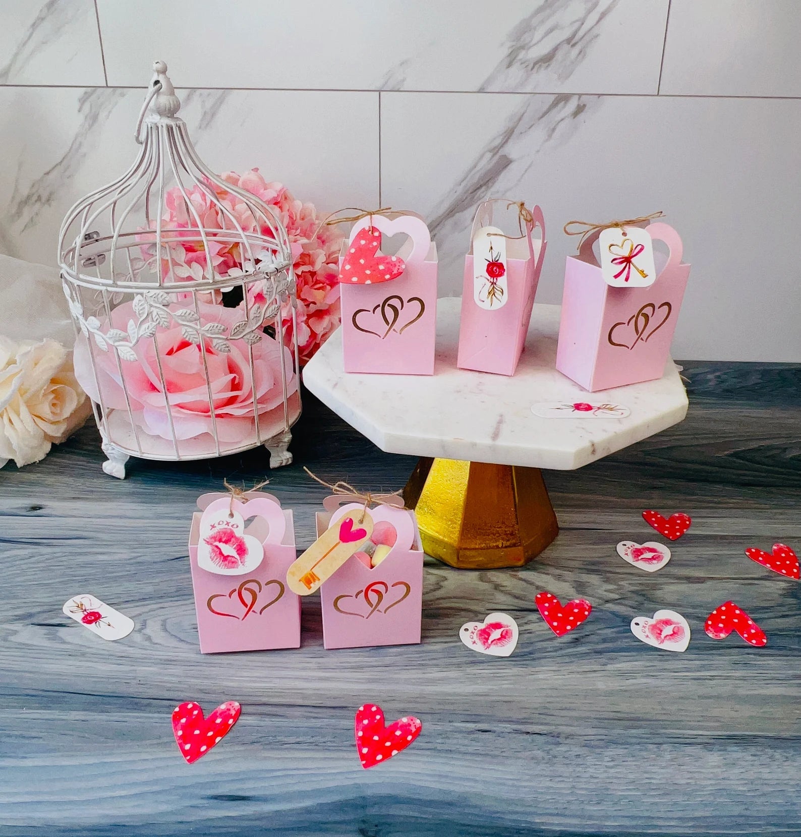 50 PCs Pink Double Hearts Favor Boxes With Tags - 