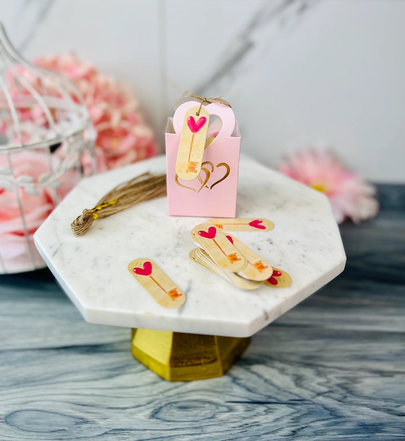 50 PCs Pink Double Hearts Favor Boxes With Tags - 