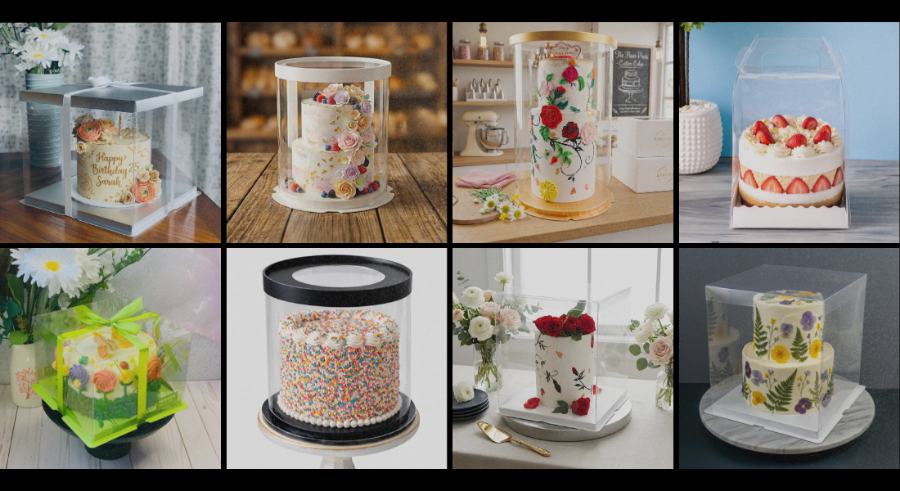 Collage of cakes in protective clear stands with various designs and settings.