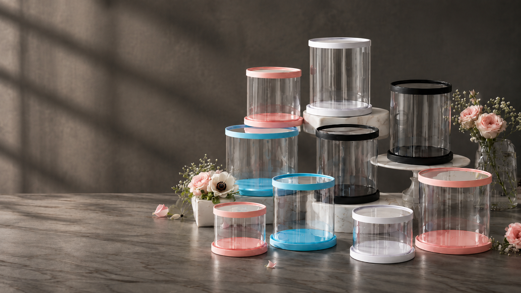 Set of transparent cylindrical containers with colored lids on a wooden surface.