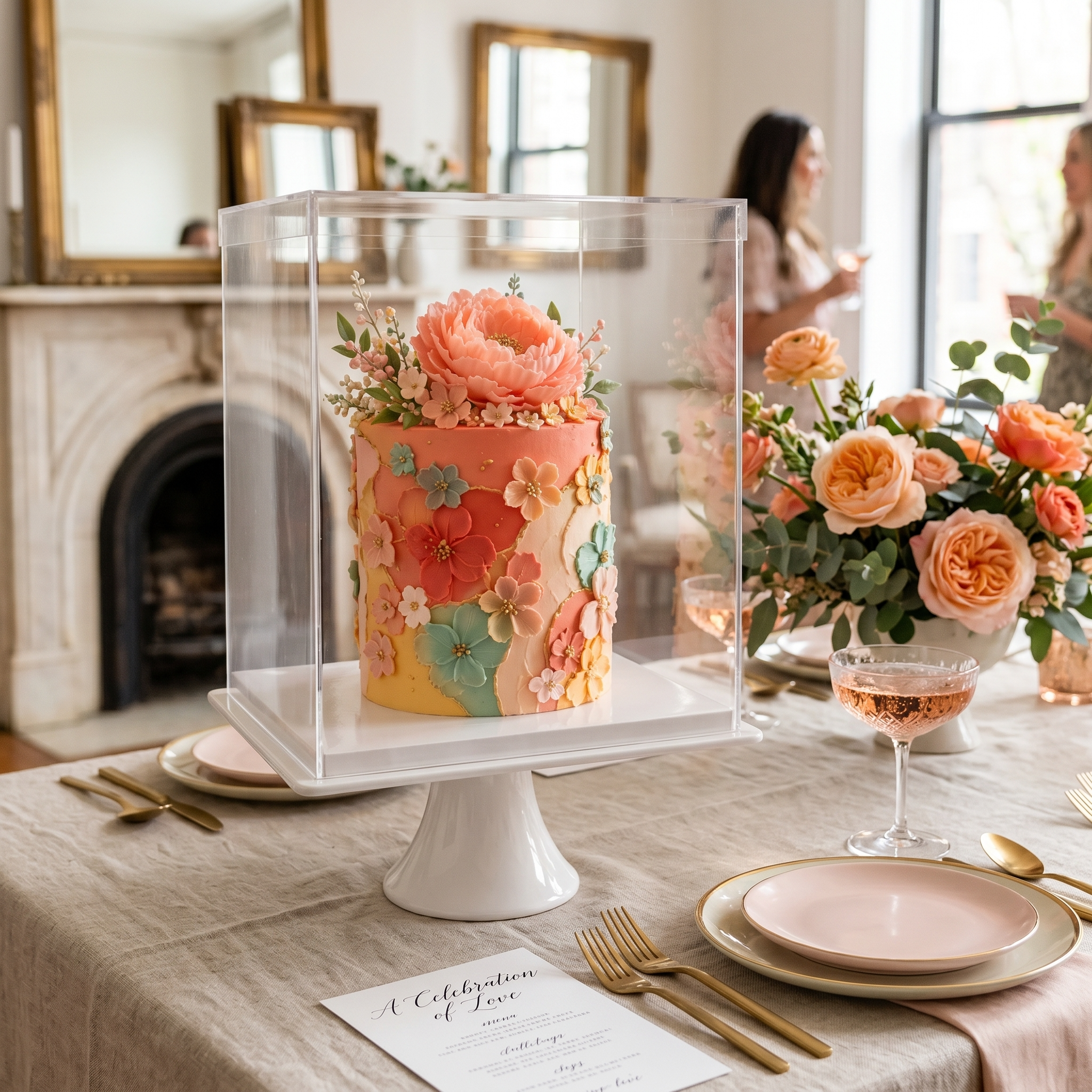 Decorative cake with floral design on a table set for a celebration.