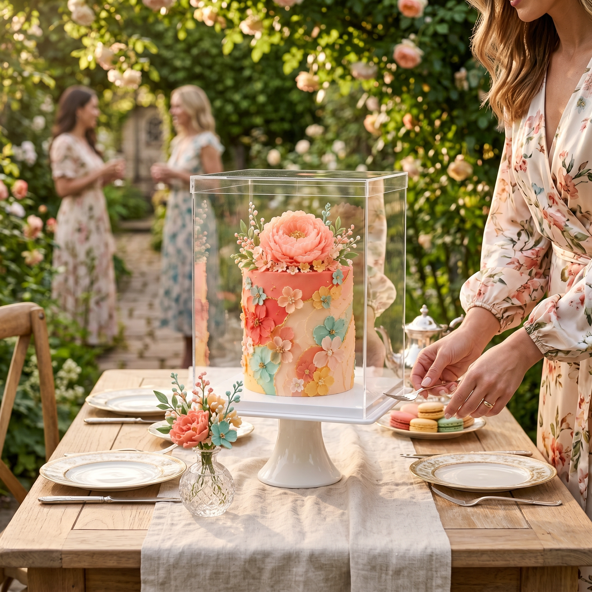 Decorative cake on a stand with floral arrangements on a wooden table outdoors.