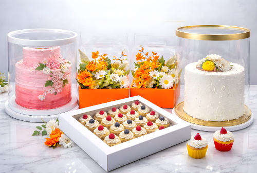 Assorted cakes and pastries displayed on a marble surface with a white background