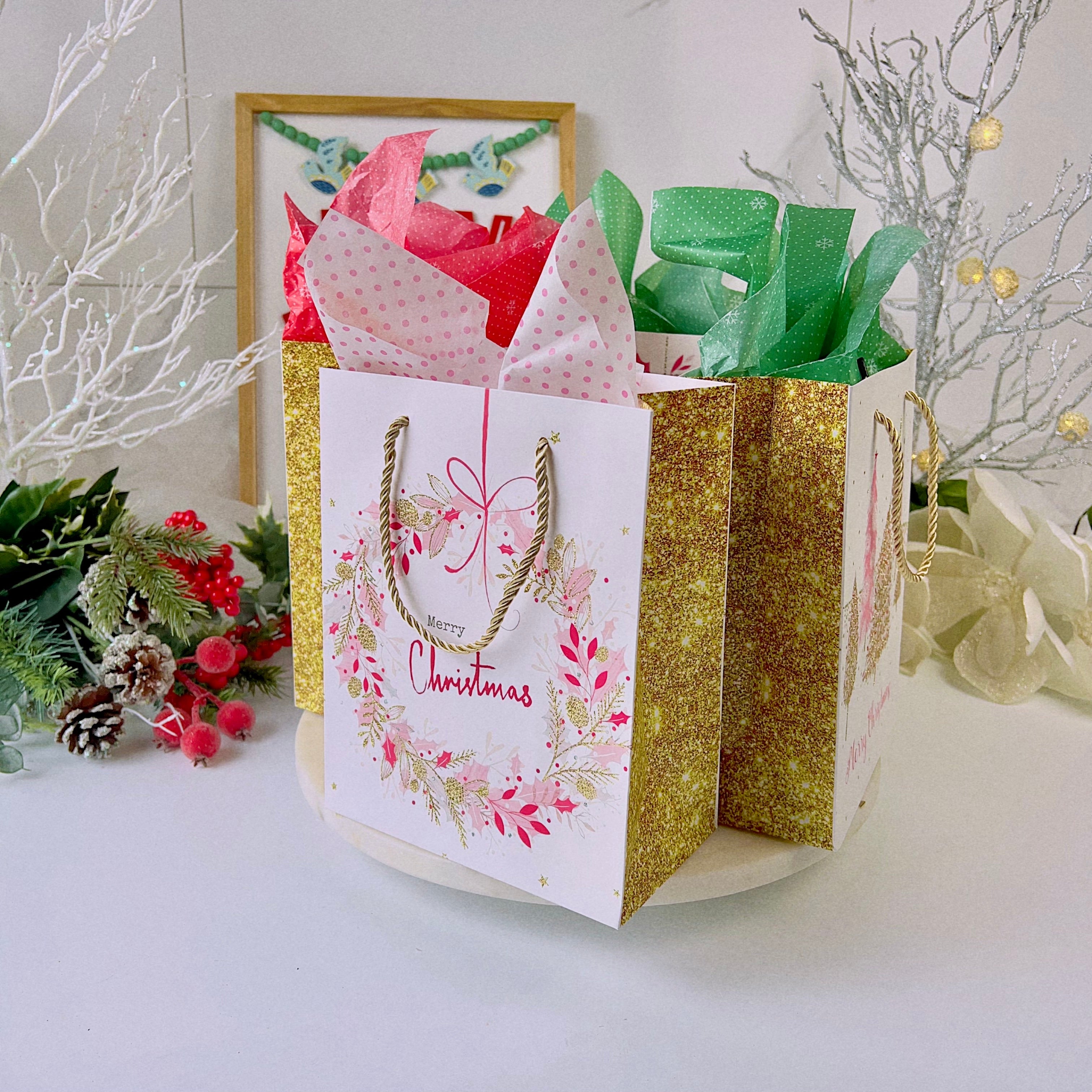 Pink Christmas gift bags