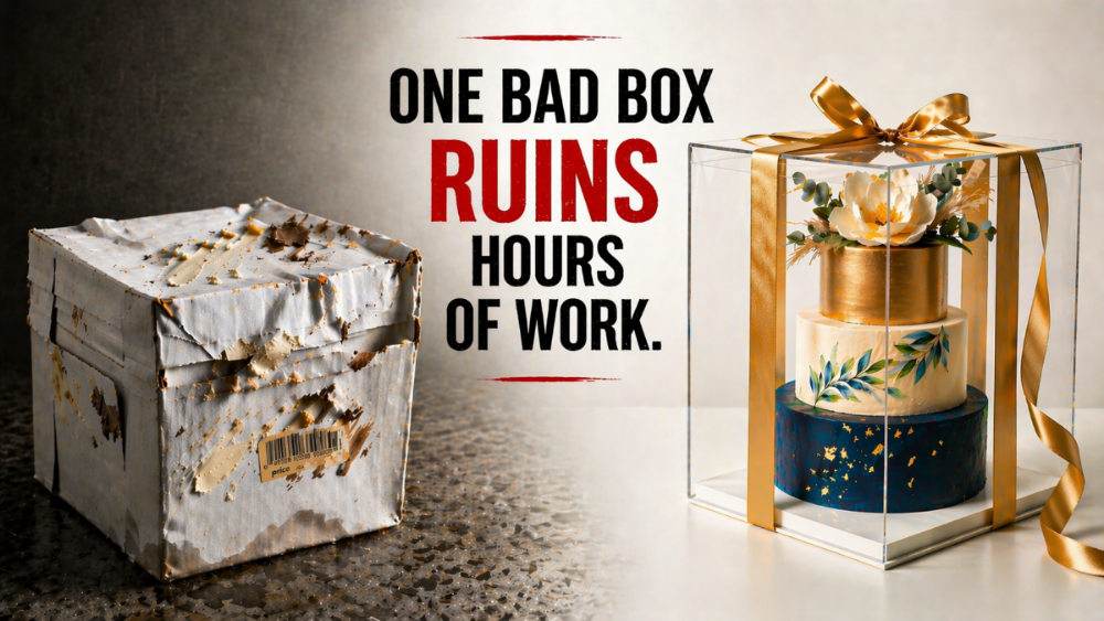 Damaged box next to a wrapped gift with text 'One bad box ruins hours of work.'