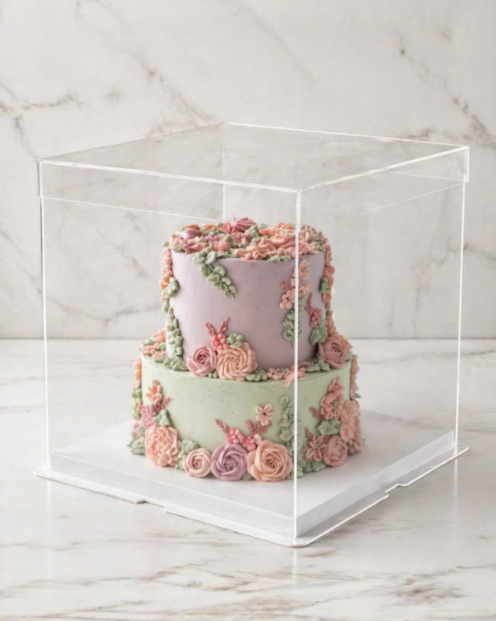 Two-tiered cake with floral decorations inside a clear acrylic box on a marble surface.