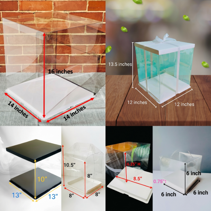 Collage of clear acrylic display cases with measurements on various surfaces.
