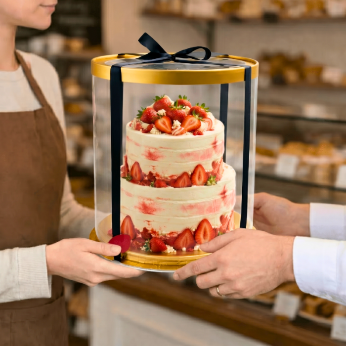 Two people holding a strawberry cake in a transparent cylindrical gift box with a gold lid.