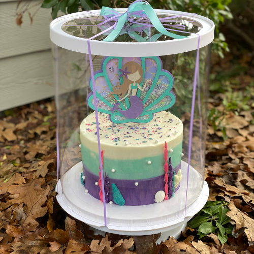 Two-tiered cake with mermaid theme under a clear display case on a leafy ground.