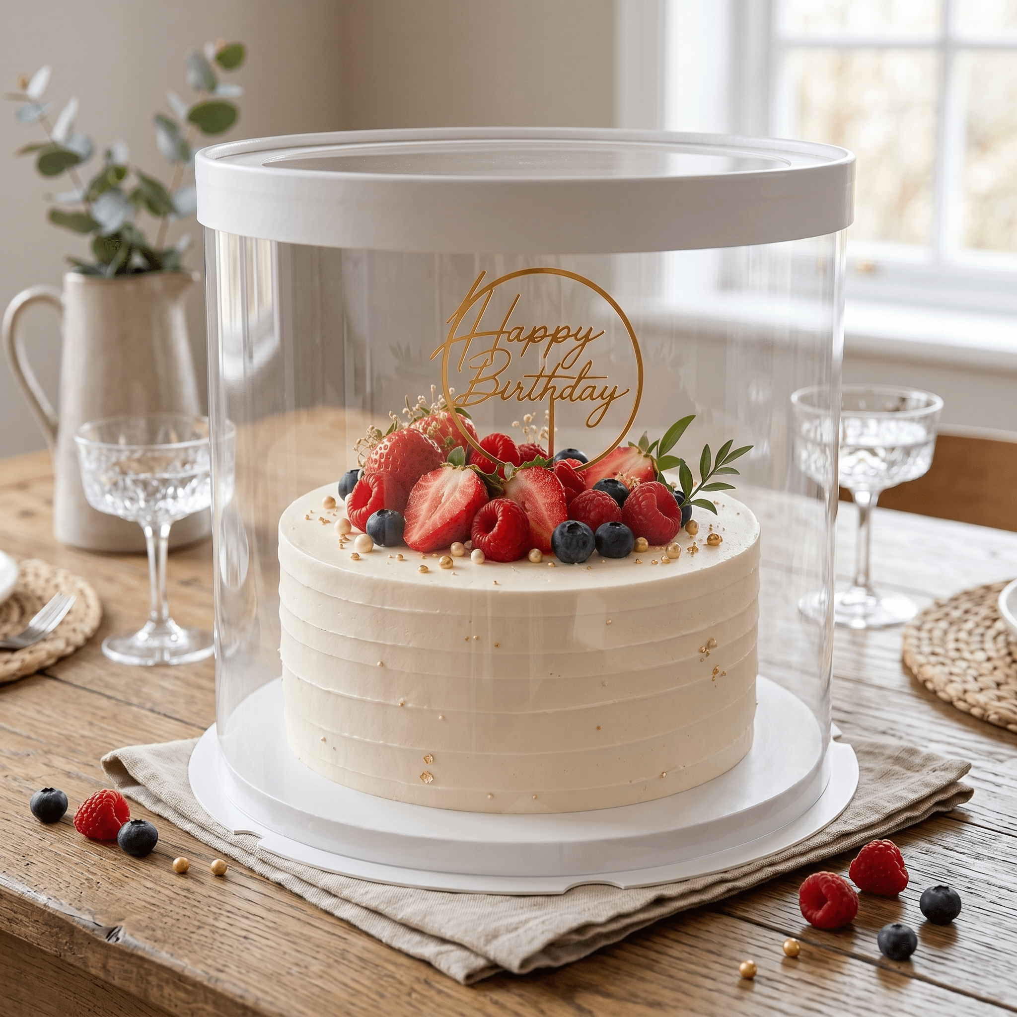 Clear round cake display box with white lid and base, styled on a table with a berry-topped birthday cake inside.