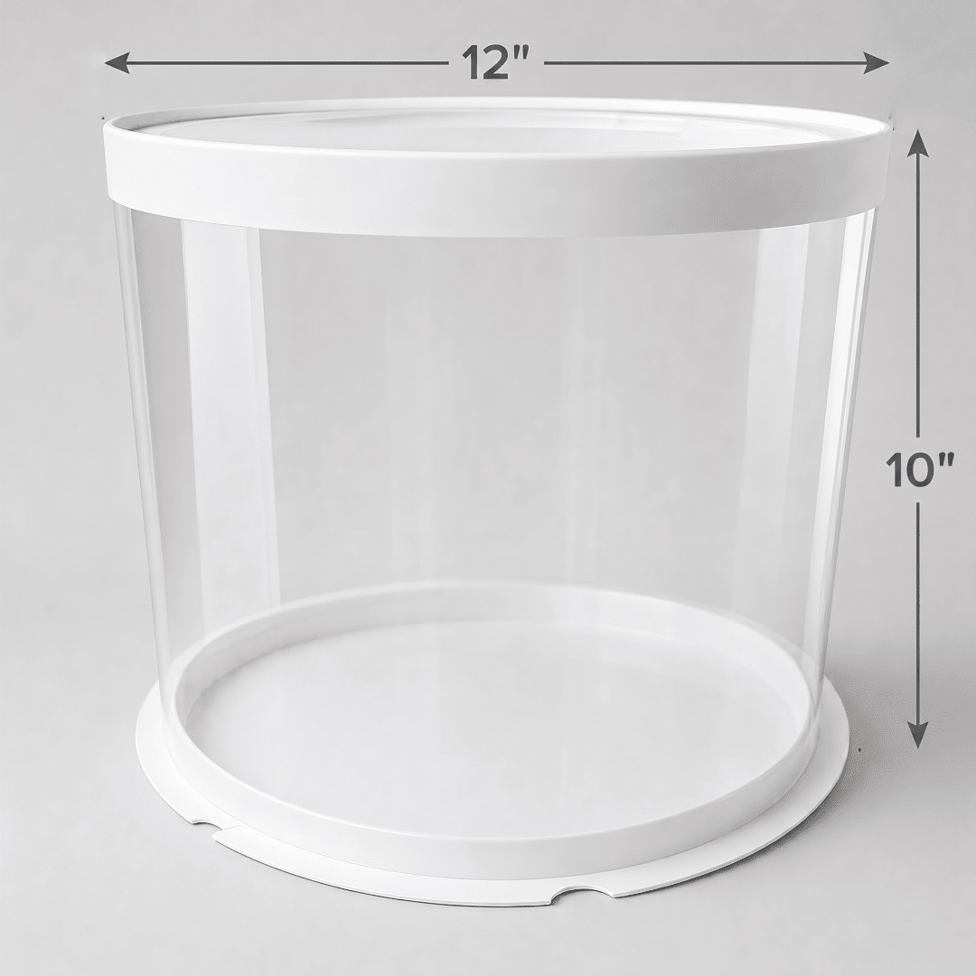 12 inch by 10 inch clear round cake box with white base and lid for birthday cakes, wedding cakes, and bakery orders