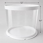 12 inch by 10 inch clear round cake box with white base and lid for birthday cakes, wedding cakes, and bakery orders