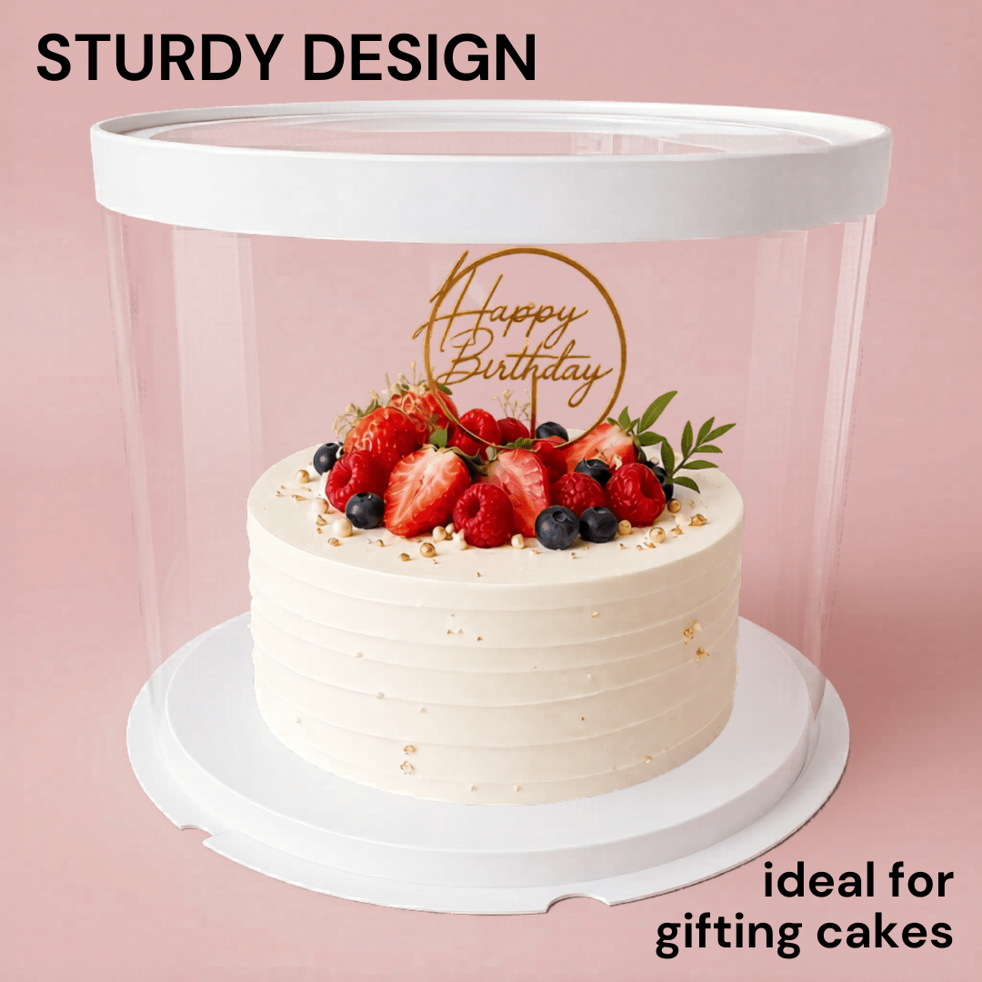Clear round cake display box with white lid and base, showing a decorated birthday cake in sturdy gift-ready packaging.