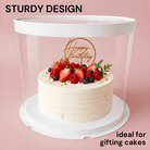 Clear round cake display box with white lid and base, showing a decorated birthday cake in sturdy gift-ready packaging.