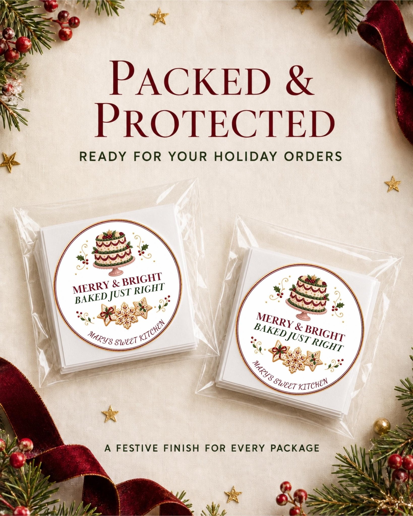 Cookie Box Label, Merry & Bright Christmas Design, Personalized Bakery Packaging Sticker, Festive Homemade Treat Seal