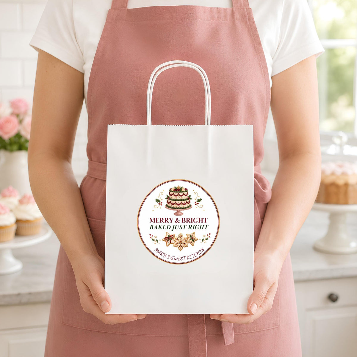 Cookie Box Label, Merry & Bright Christmas Design, Personalized Bakery Packaging Sticker, Festive Homemade Treat Seal