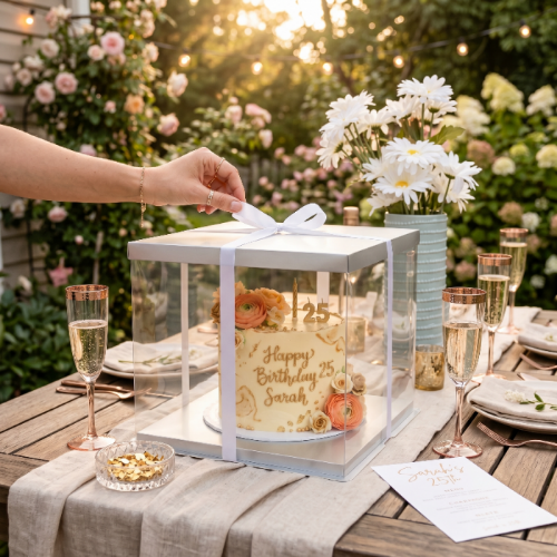 Birthday cake in a clear box on a decorated outdoor table with flowers and glasses.