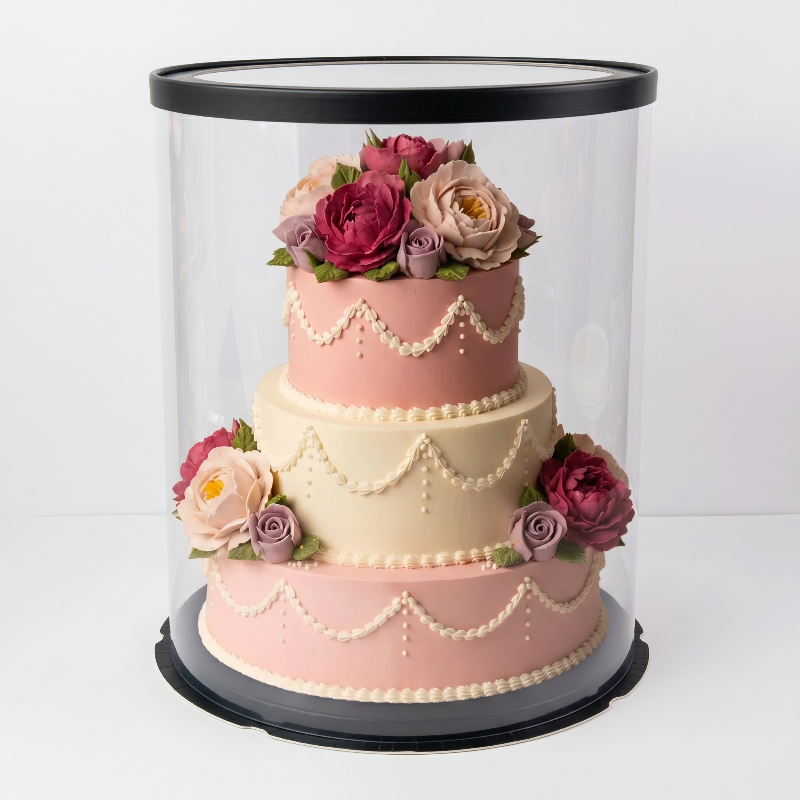 Two-tiered pink cake with floral decorations inside a clear cylindrical display case on a white background.