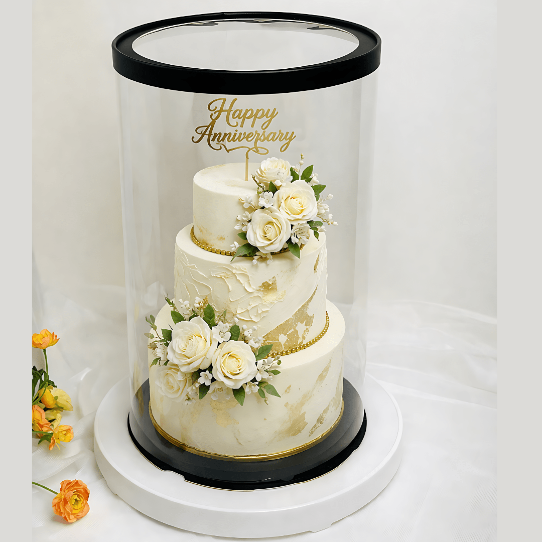 Extra tall round clear cake box, 8.5 by 17.5 inches, for 3 to 4 tier cakes