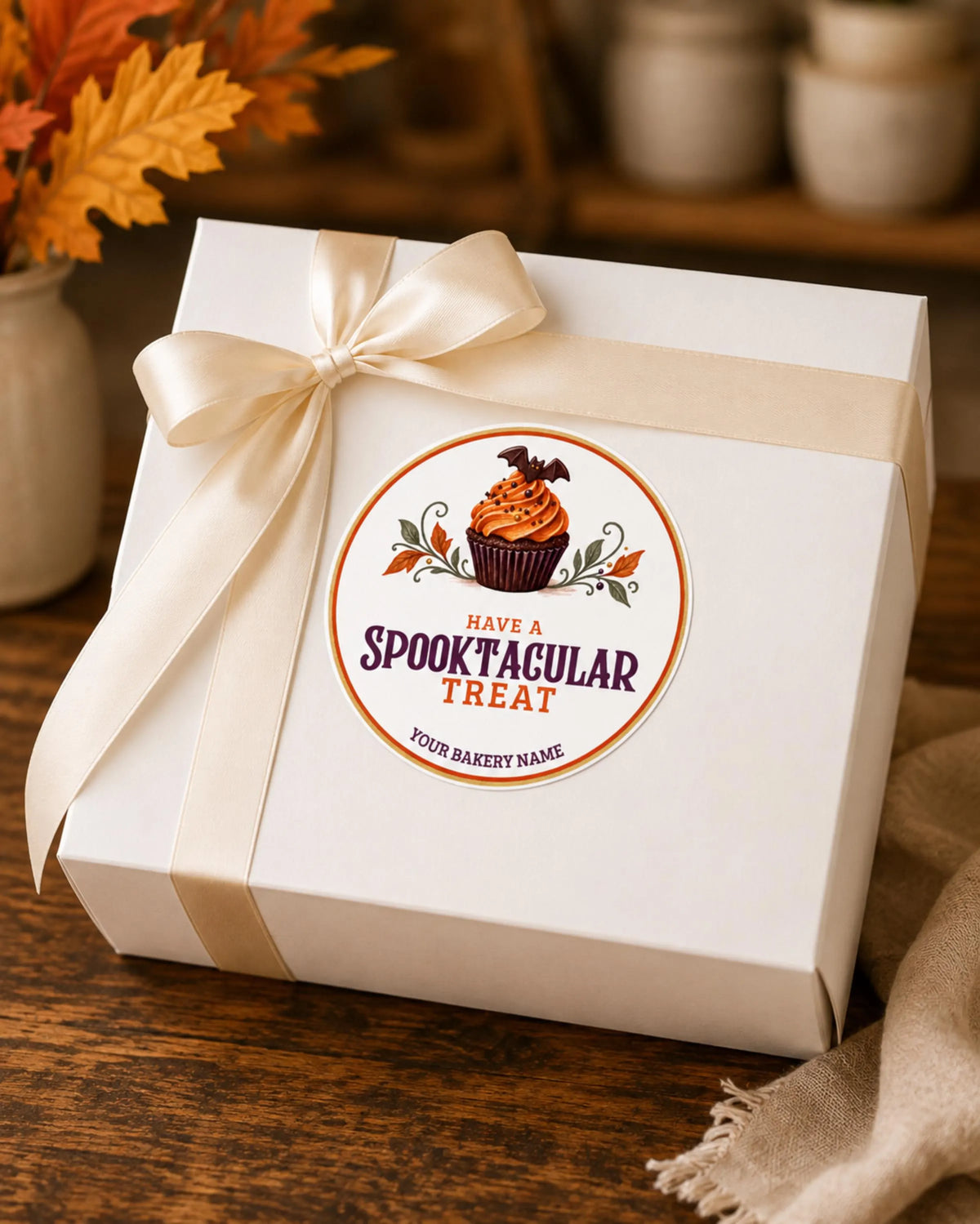 A white bakery gift box tied with a cream satin ribbon, featuring a circular label that reads 'HAVE A SPOOKTACULAR TREAT' with a cupcake illustration. The box sits on a wooden table with autumn leaves and a beige cloth in the background.