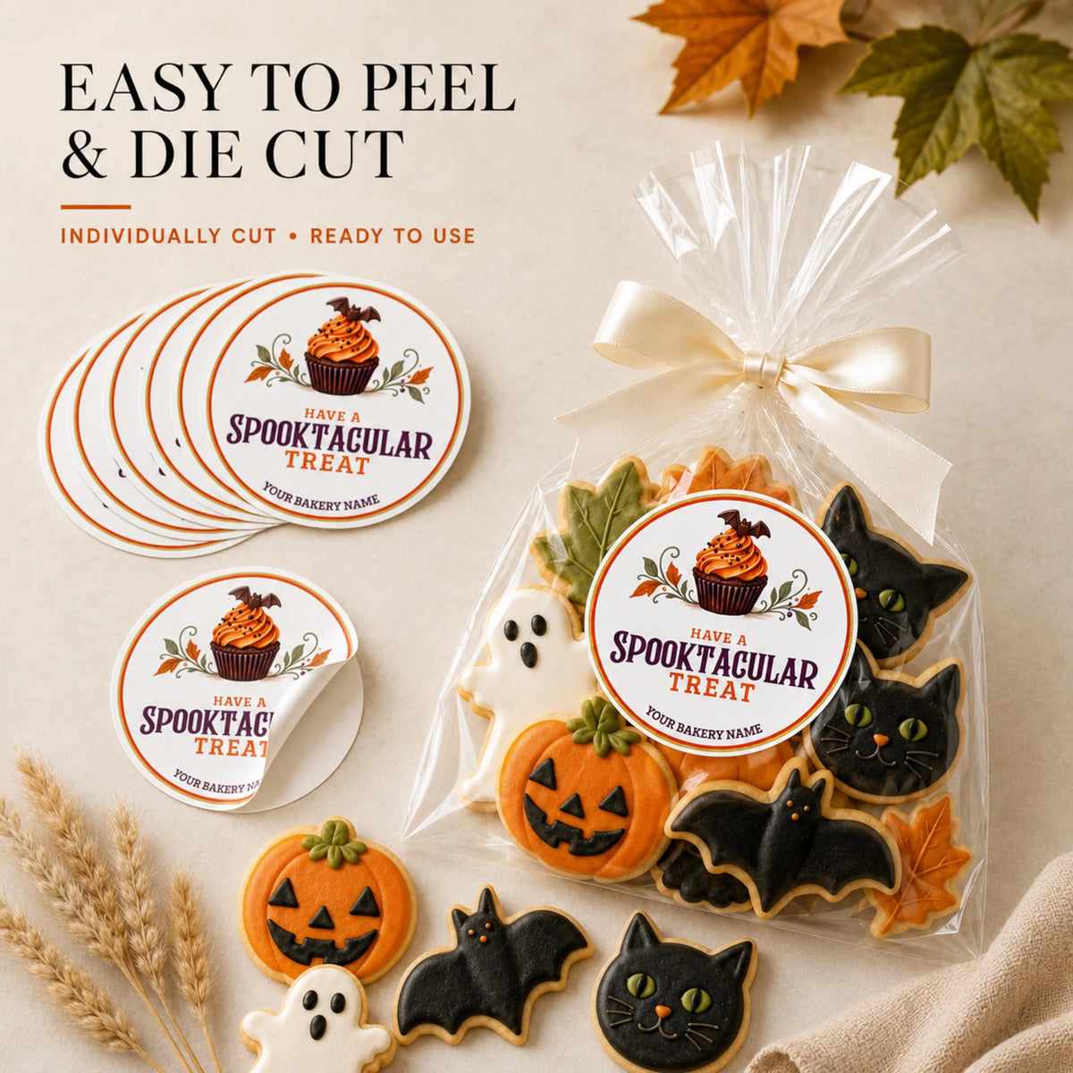 A clear cellophane bag tied with a cream ribbon contains Halloween-themed sugar cookies shaped like pumpkins, ghosts, and cats, each with a round printed label reading 'Spooktacular Treat' and 'Your Bakery Name.' Several loose cookies and a stack of round labels are arranged on a beige surface with decorative autumn leaves and wheat.