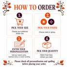 An ordering guide infographic with four numbered steps on a white background with decorative autumn leaves in the corners. The text reads 'HOW TO ORDER' and lists: 1.