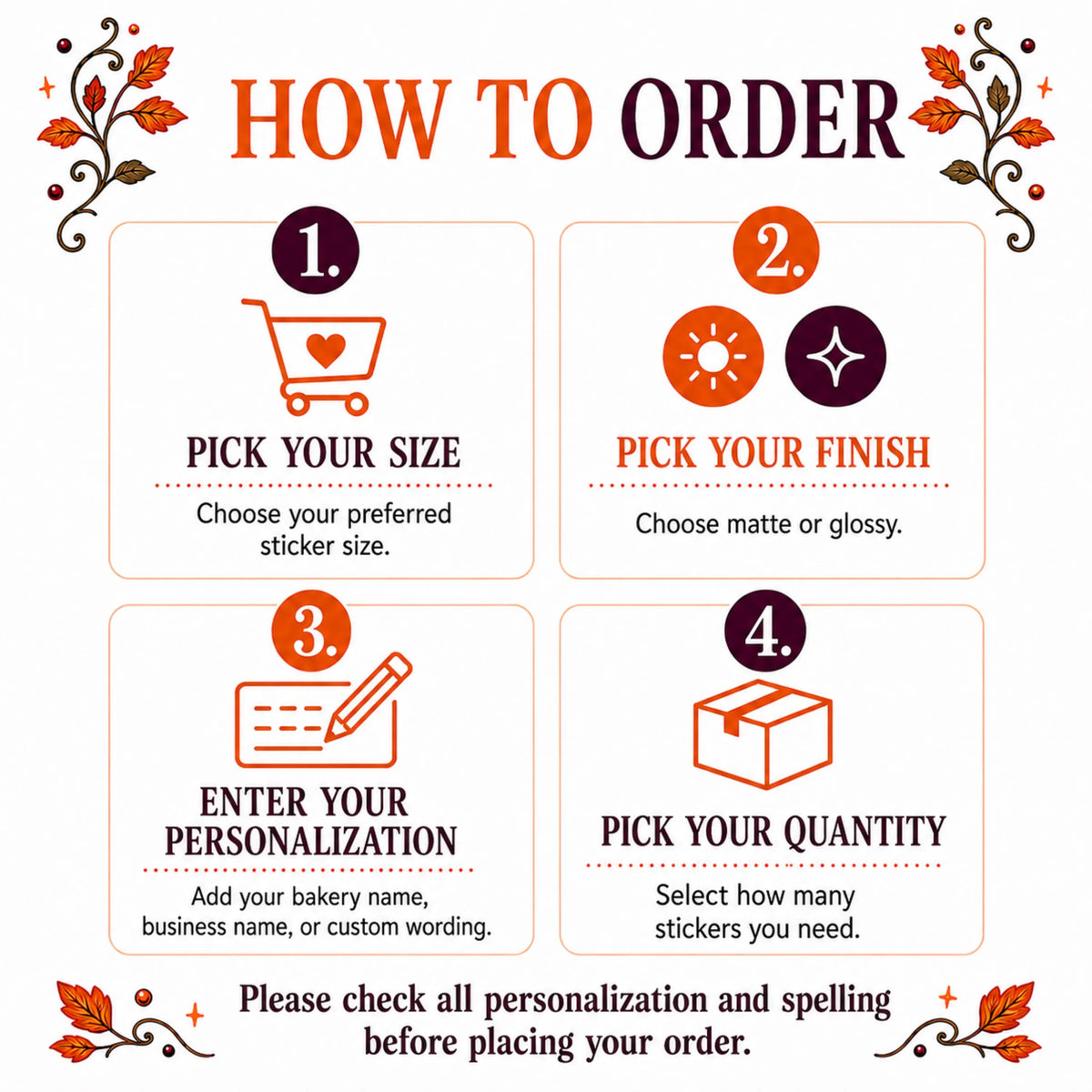 An ordering guide infographic with four numbered steps on a white background with decorative autumn leaves in the corners. The text reads 'HOW TO ORDER' and lists: 1.