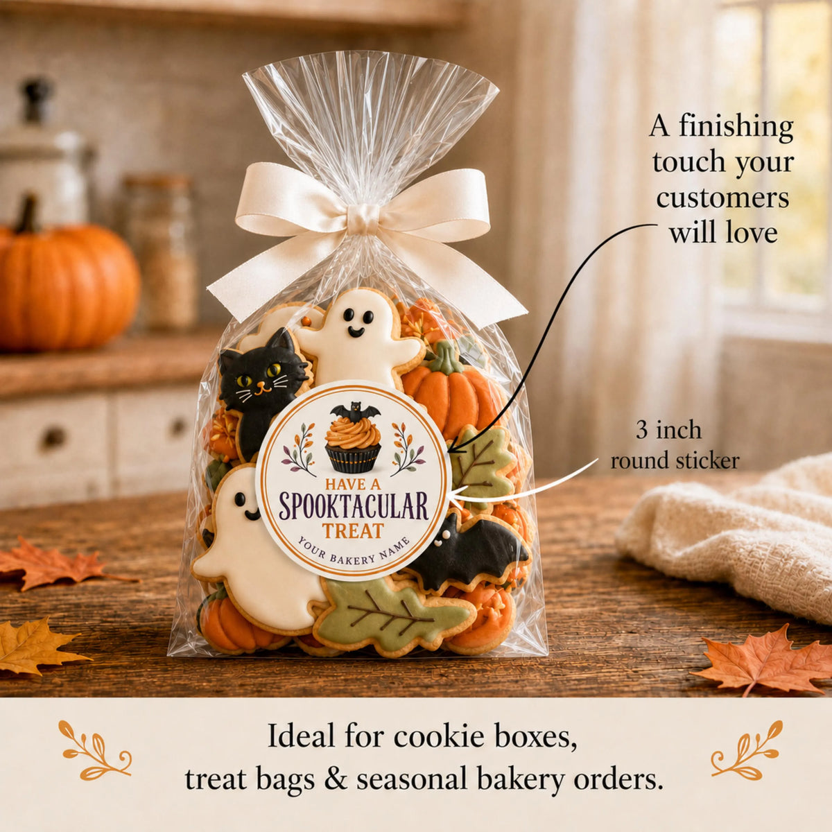 A clear cellophane bag filled with Halloween-themed sugar cookies, tied with a cream ribbon, displayed on a wooden table. The bag has a round printed sticker reading 'HAVE A Spooktacular Treat' and includes marketing text callouts about the round sticker and suitability for seasonal bakery orders.