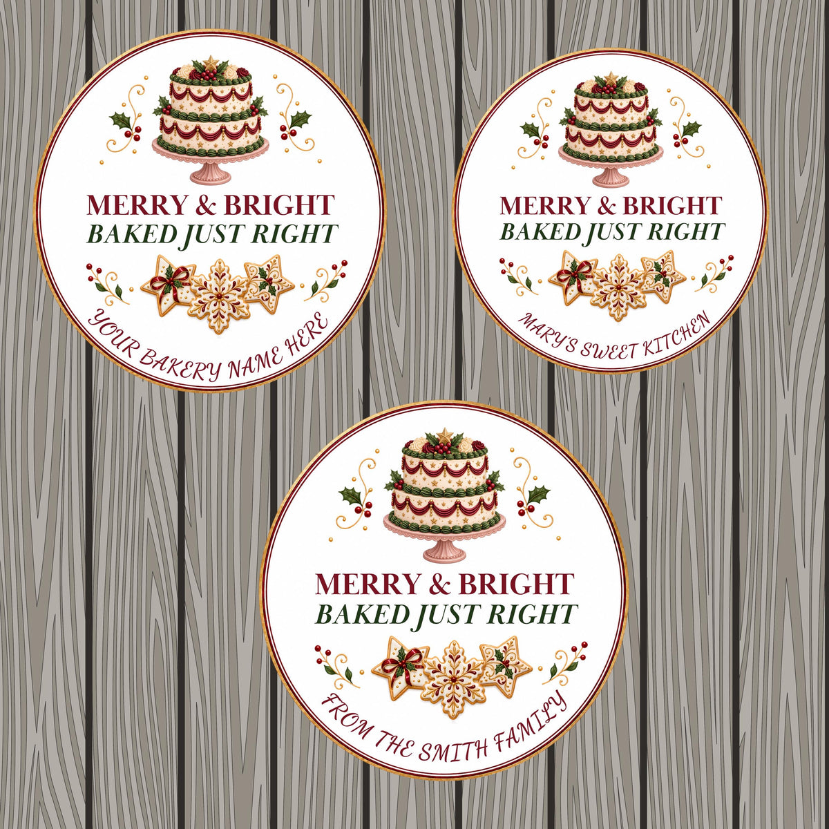 Cookie Box Label, Merry & Bright Christmas Design, Personalized Bakery Packaging Sticker, Festive Homemade Treat Seal