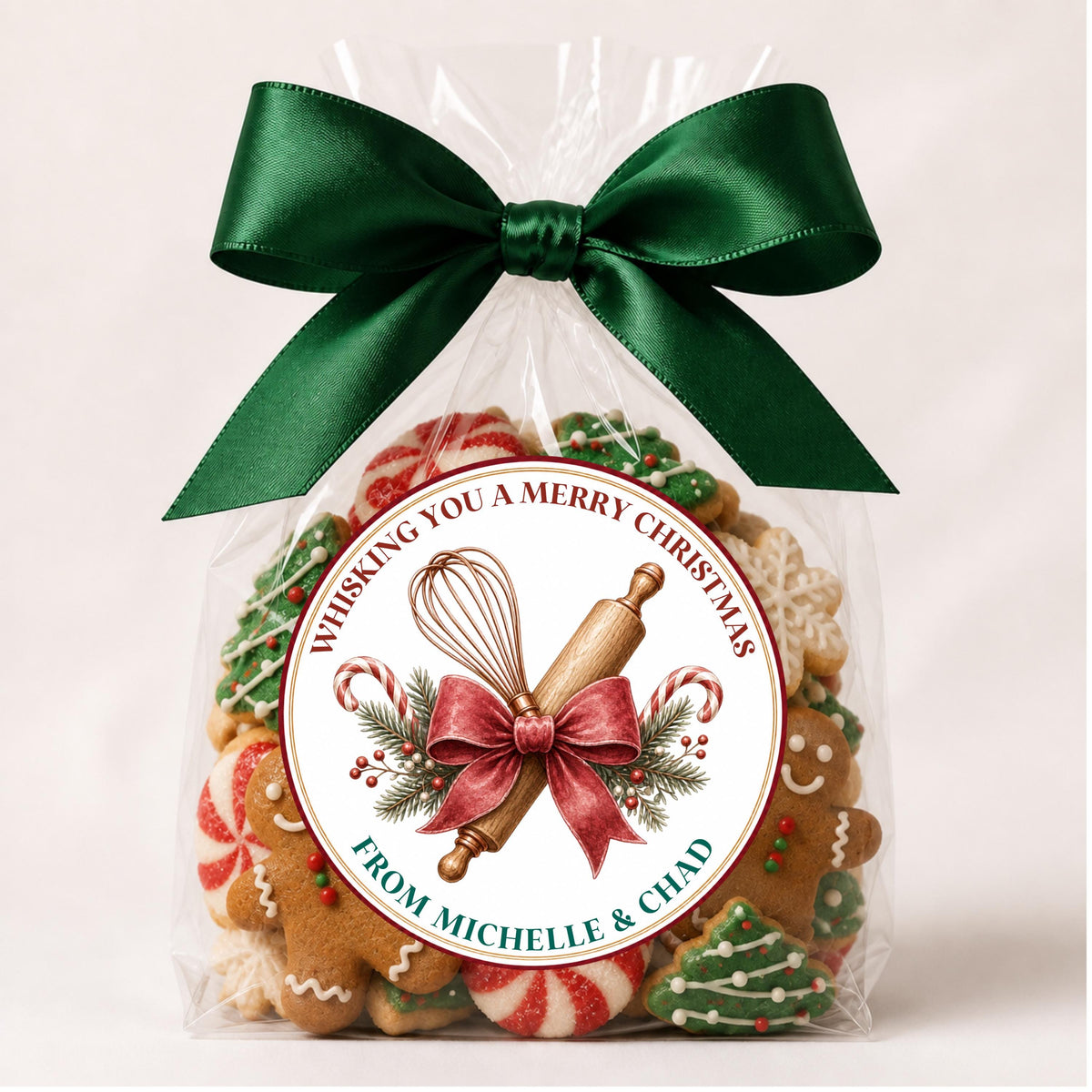 Personalized Labels for Christmas Cookie Boxes, Red Green Holiday Bakery Packaging, Round Stickers, Homemade With Love Gift