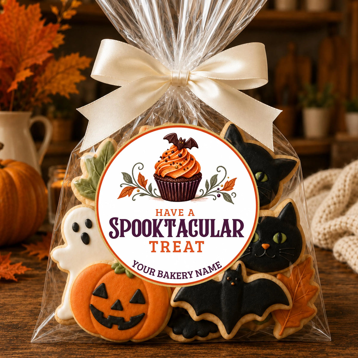 A clear cellophane bag filled with Halloween-themed sugar cookies, tied with a cream ribbon, on a wooden table. The front label reads 'HAVE A Spooktacular Treat' with a cupcake illustration and placeholder text 'YOUR BAKERY NAME.