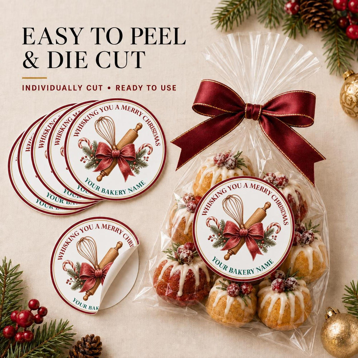 Personalized Labels for Christmas Cookie Boxes, Red Green Holiday Bakery Packaging, Round Stickers, Homemade With Love Gift