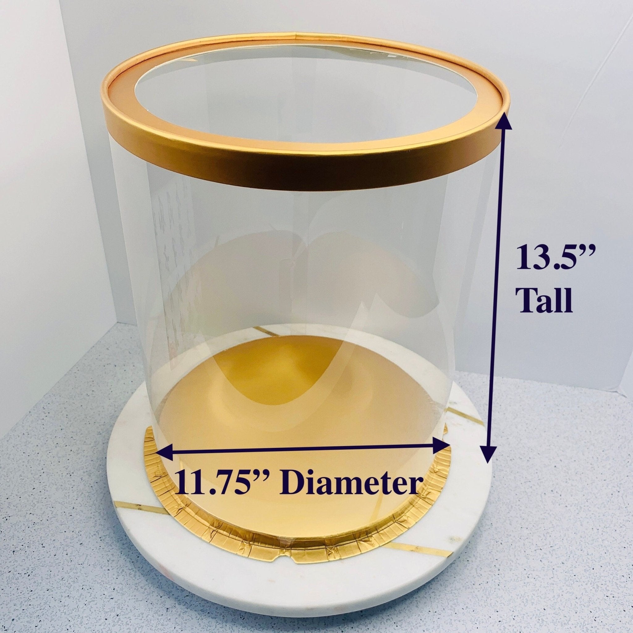 Large Round Tall Gold Clear Cake Box - 11.75" D x 13.5" H - Clear Cake Boxes for Tiered Cakes - Gold Clear Gift Box -  Round cake box