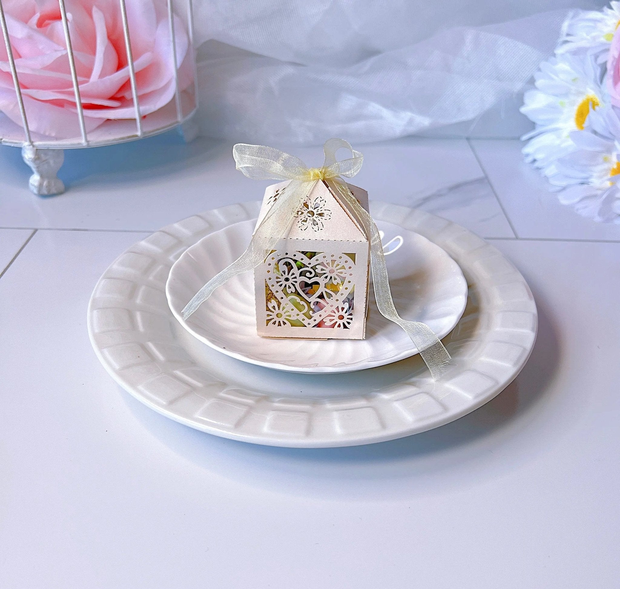 Love Heart Lace Ribbon Wedding Favor Boxes 50 Pcs - loveheartI Gift Boxes & Tins