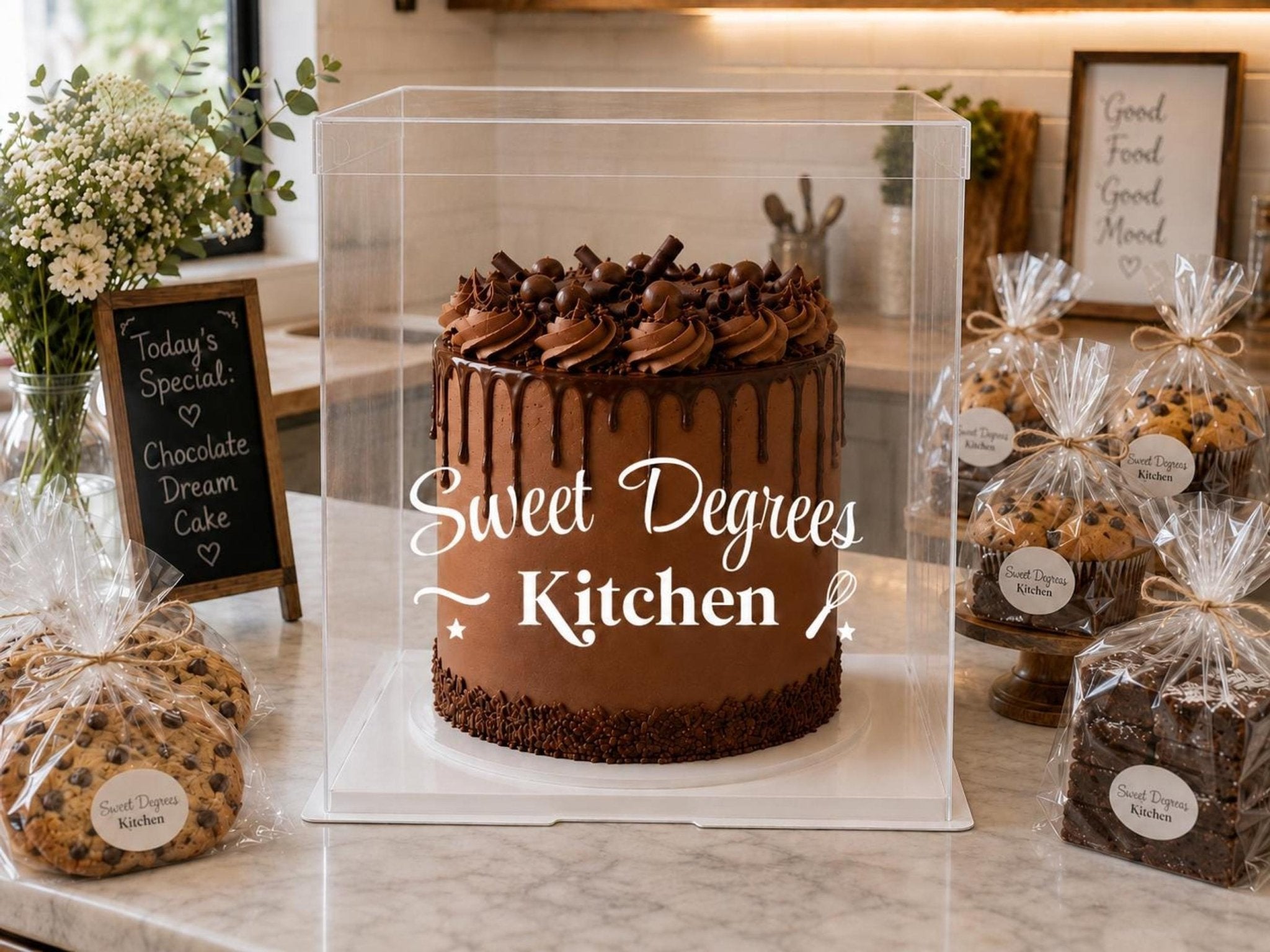 Personalized Bakery Cake Box, Custom Clear Cake Display Box, Branded Cake Delivery Packaging for Cottage Bakers 14x14x16