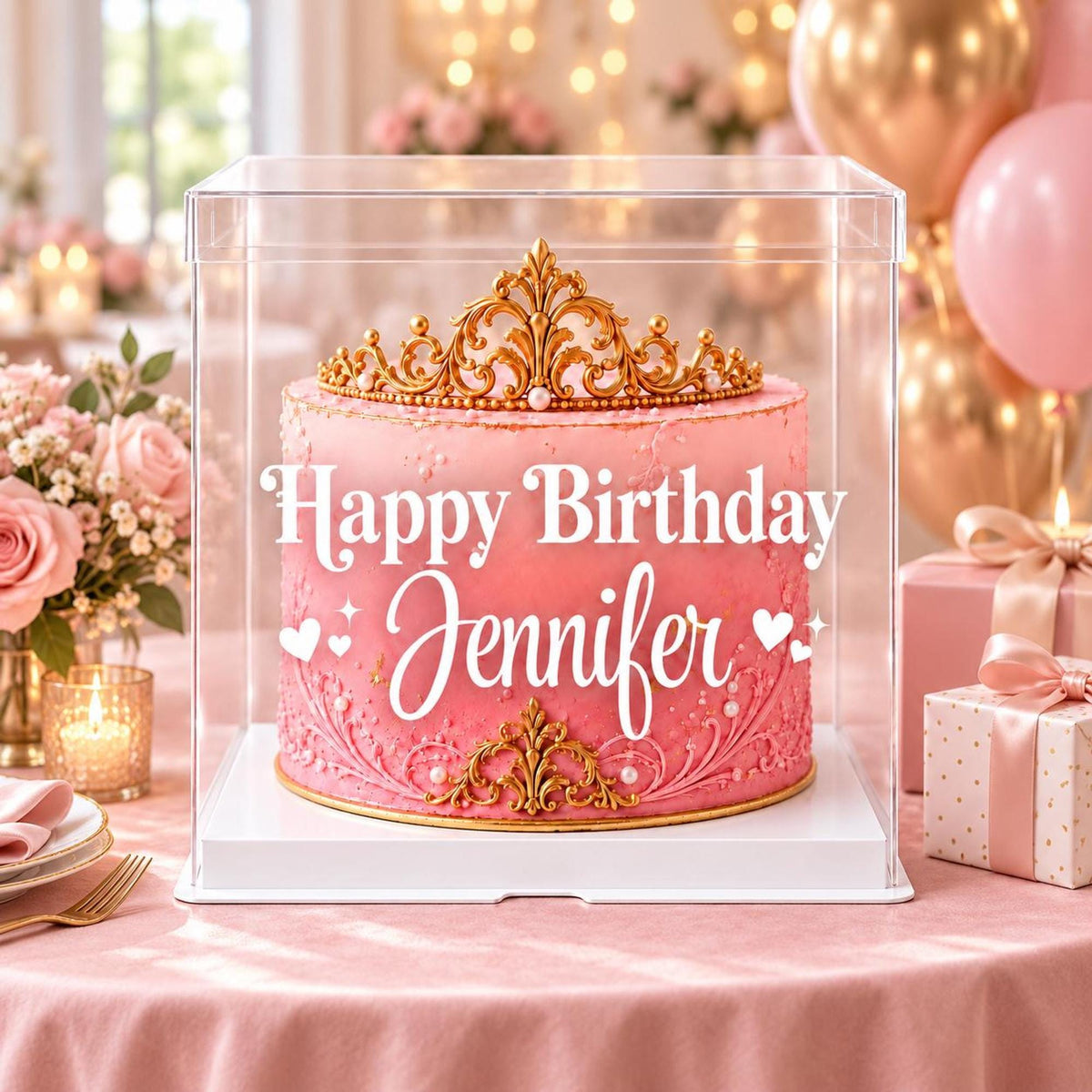 Personalized clear cake box with a pink and gold birthday cake displayed among blush balloons, roses, wrapped gifts, and party lights.