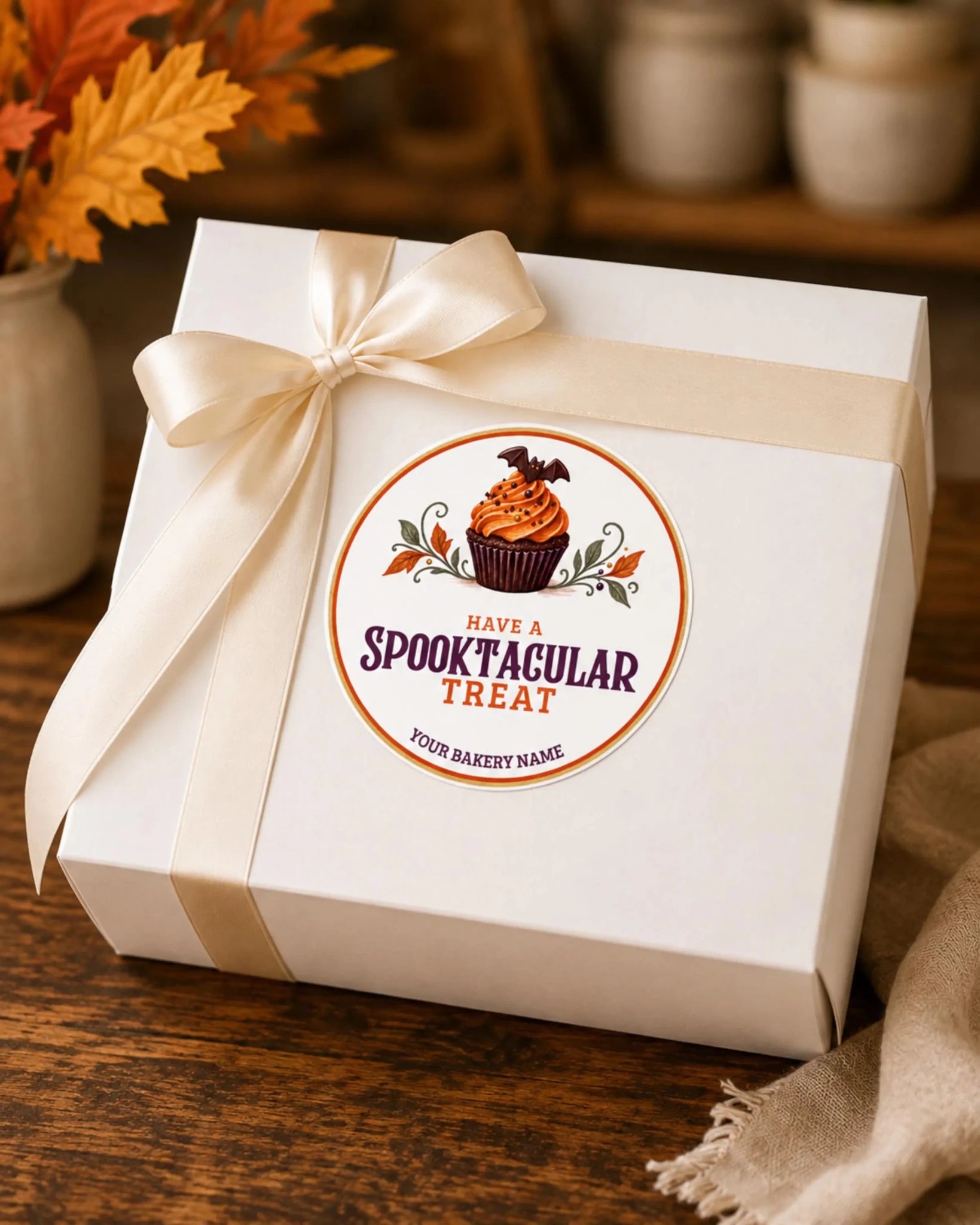 A white bakery gift box tied with a cream satin ribbon, featuring a circular label that reads 'HAVE A SPOOKTACULAR TREAT' with a cupcake illustration. The box sits on a wooden table with autumn leaves and a beige cloth in the background.
