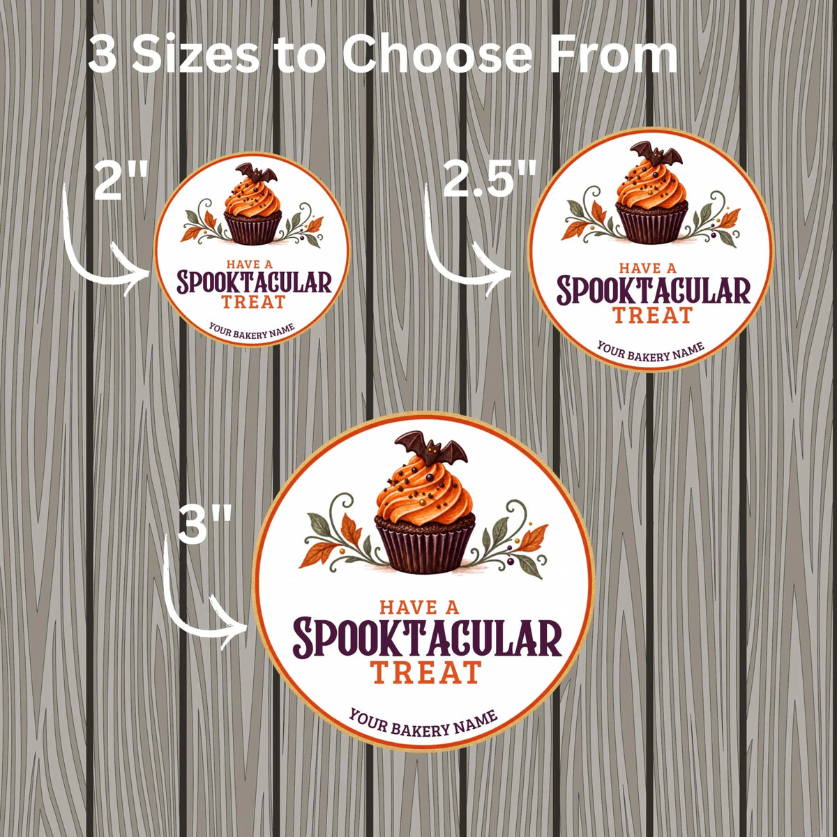 A size comparison graphic showing three circular bakery treat labels on a gray wood plank background, labeled 2 inches, 2.5 inches, and 3 inches.
