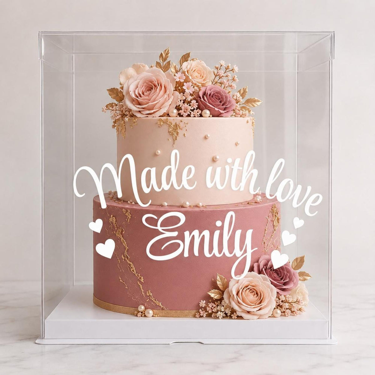 Made with Love Wedding Cake Box, Custom Name Anniversary Engagement Gift, Bridal Shower Display, Tall Clear 14x14x16 Cake Box with Ribbon