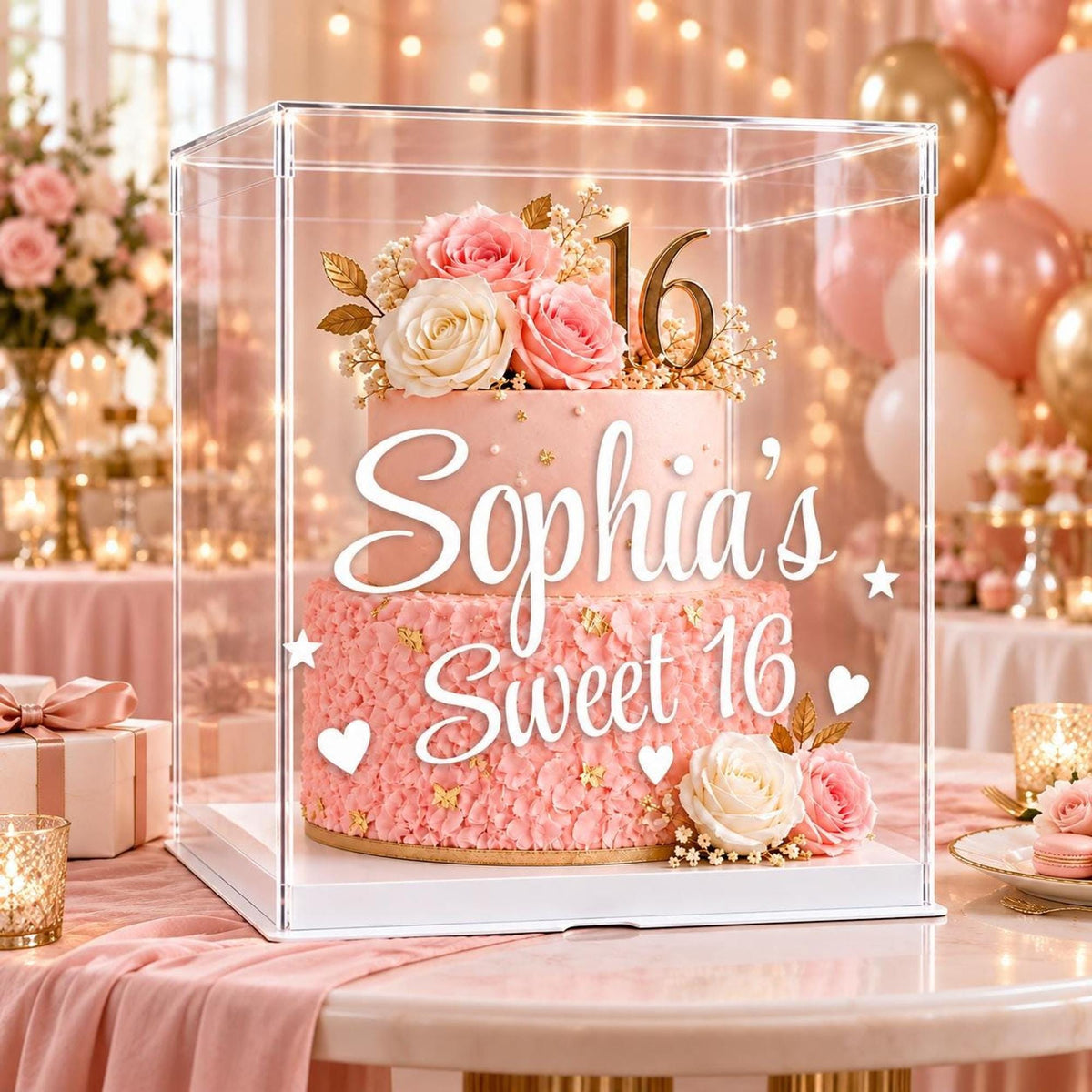 Sweet 16 Cake Box Personalized, Custom Name Clear Birthday Cake Box, Quinceañera Cake Box, Tall Clear Display Box with Ribbon 14x14x16