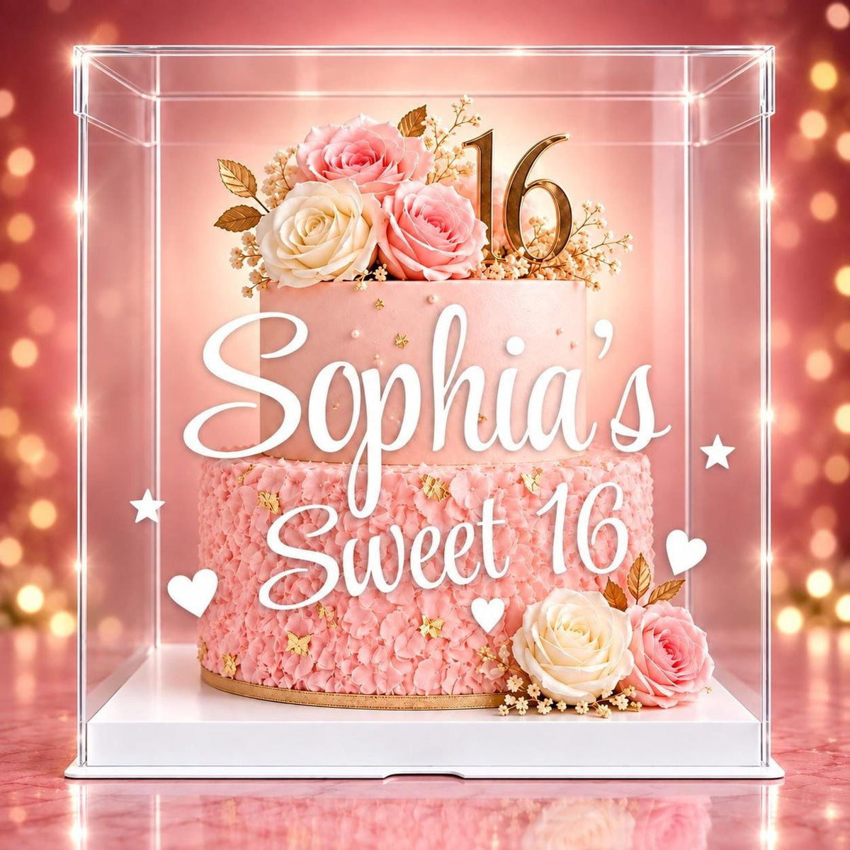 Sweet 16 Cake Box Personalized, Custom Name Clear Birthday Cake Box, Quinceañera Cake Box, Tall Clear Display Box with Ribbon 14x14x16