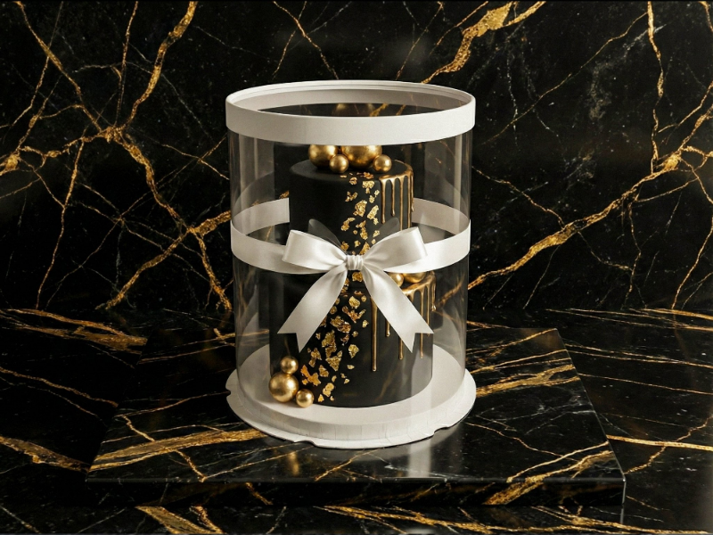 Decorative cylindrical gift box with a black and gold item inside on a marble surface