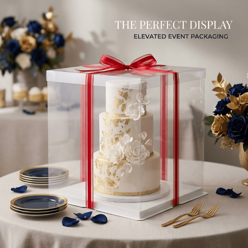 Decorative cake in a clear box with a red ribbon on a table with flowers and plates.