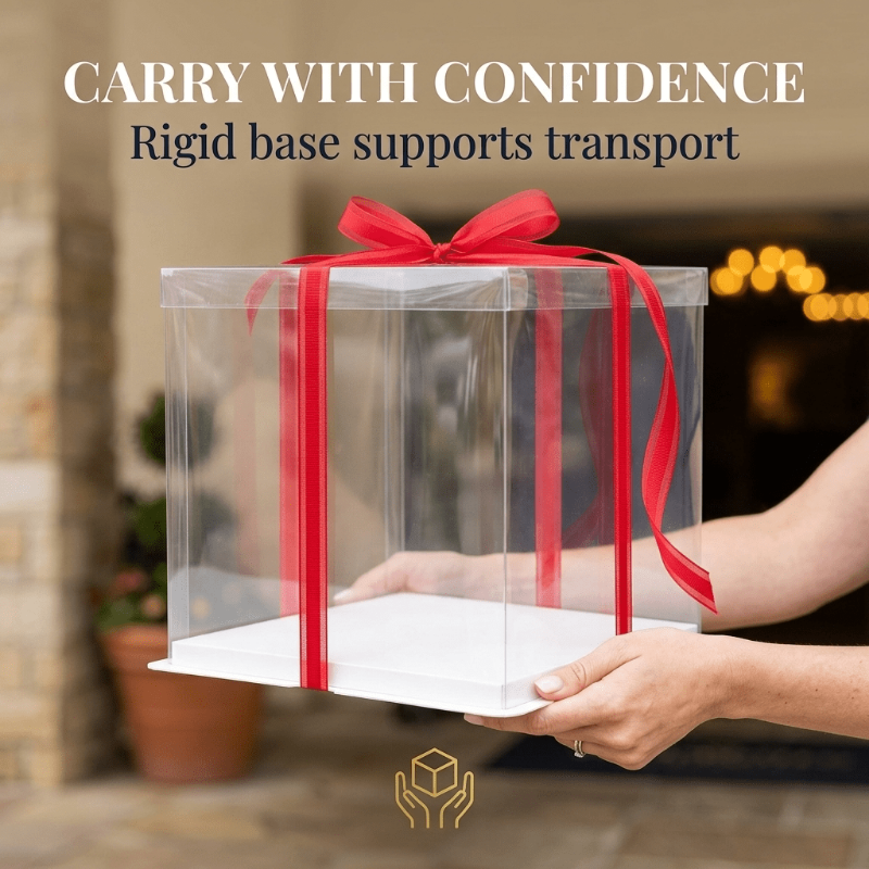 Clear gift box with red ribbon held by a person, with text 'Carry with Confidence' and 'Rigid base supports transport'.
