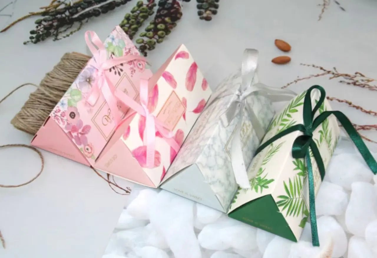 Triangle Wedding Favor Boxes with Ribbon 50 Pcs - Pink Feather Gift Boxes & Tins