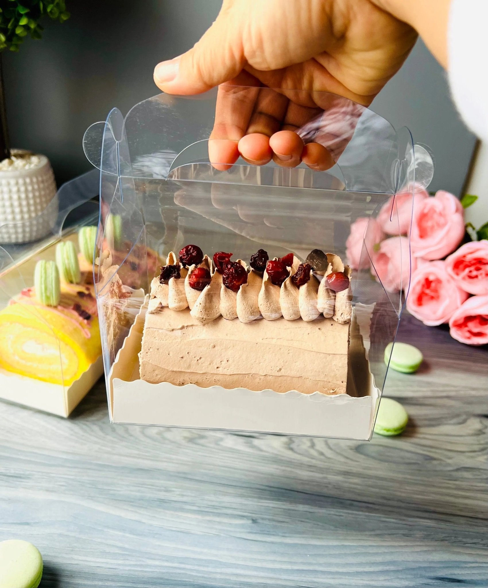 Clear Cake Roll Boxes with Handle | Swiss Roll Cake Box - CR55 Cake Roll Box