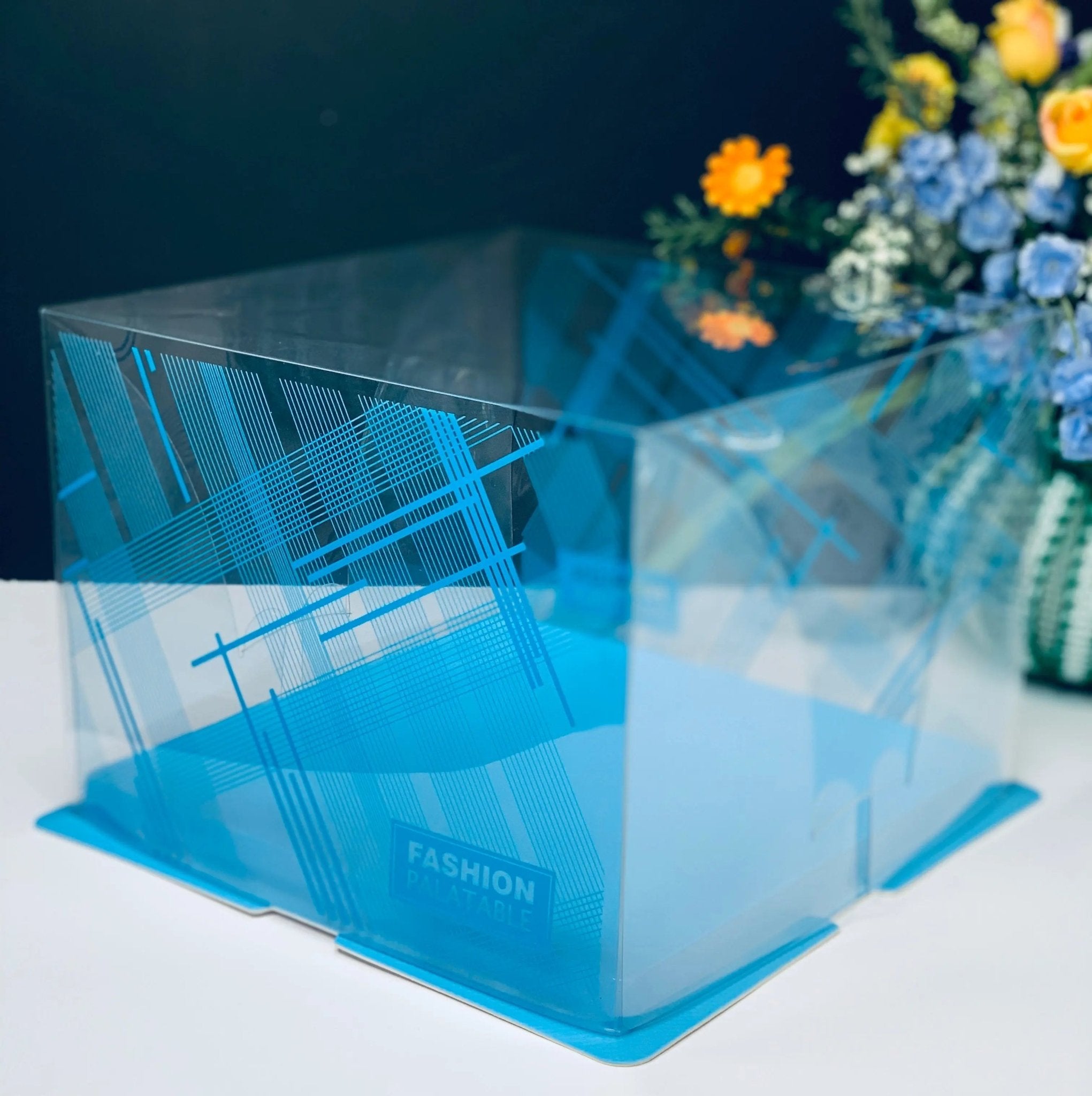 blue 8 Inch Square Clear Cake Box