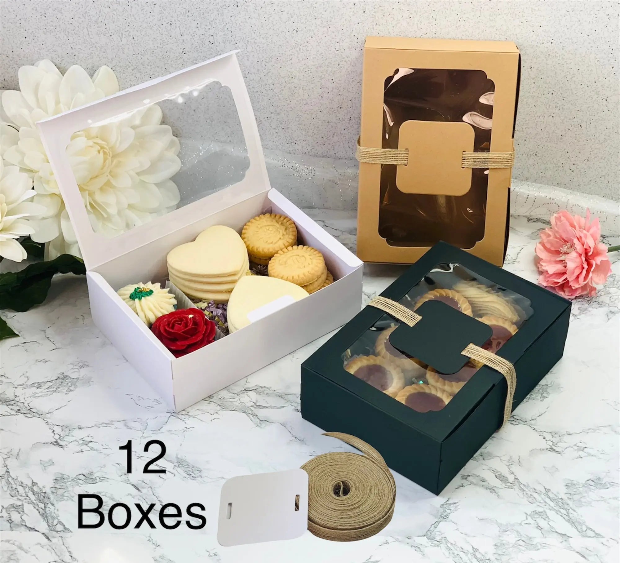 Cookie Boxes With Window Plus Tags and Linen Ribbon - Wcookie12 Take - Out Containers