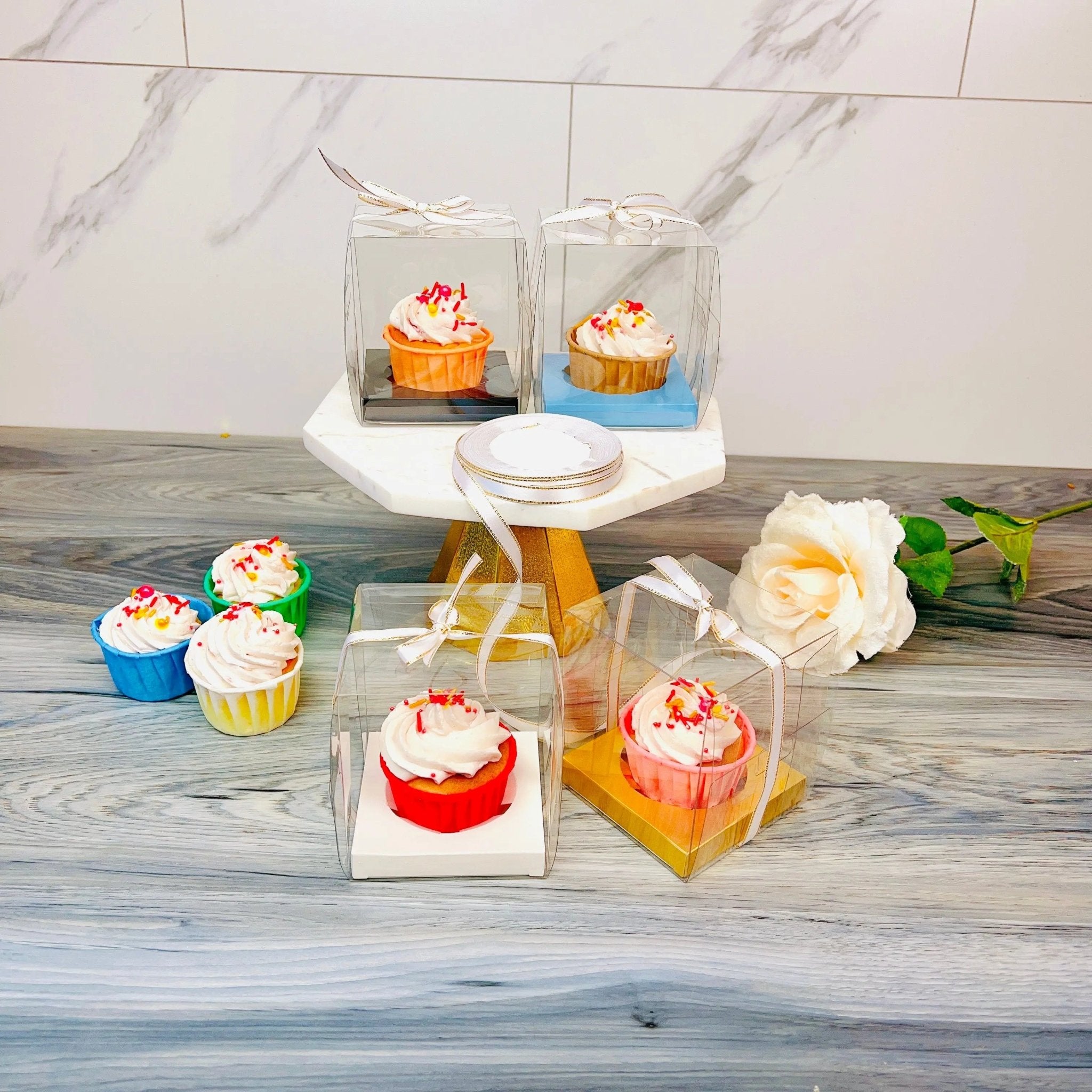 Individual Clear Cupcake Boxes With Ribbon 20 Sets - cupcakew1 Cupcake boxes